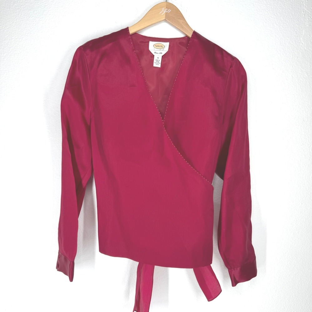 Vintage Talbots Silk Wrap Blouse Top Beaded Tie Back Red Size 10 Fairy Feminine